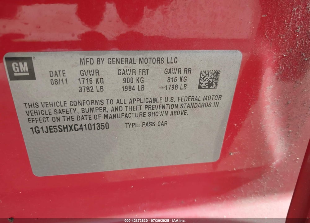 2012 CHEVROLET SONIC 2LZ VIN: 1G1JE5SHXC4101350