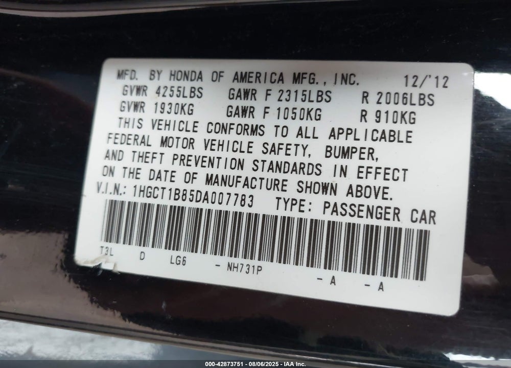 2013 HONDA ACCORD VIN: 1HGCT1B85DA007783