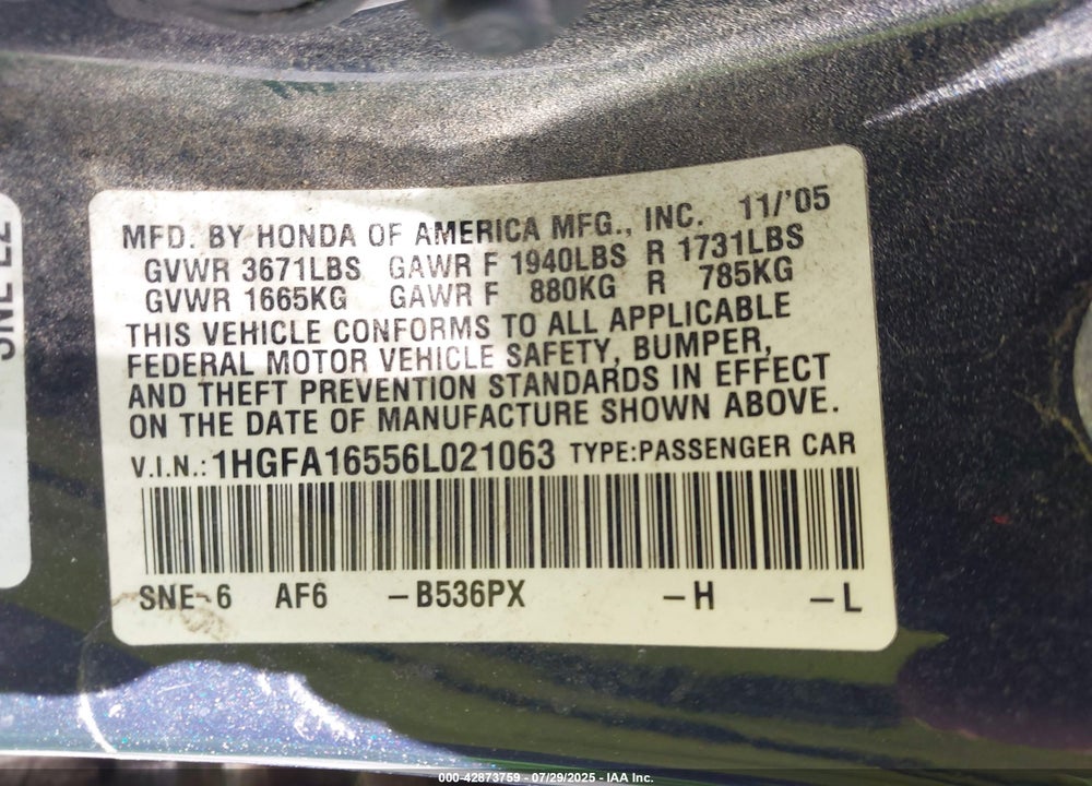 2006 HONDA CIVIC VIN: 1HGFA16556L021063