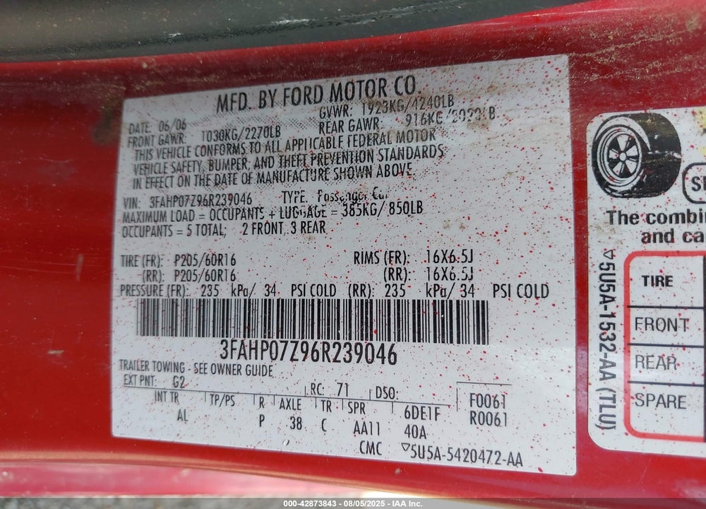 2006 FORD FUSION SE VIN: 3FAHP07Z96R239046