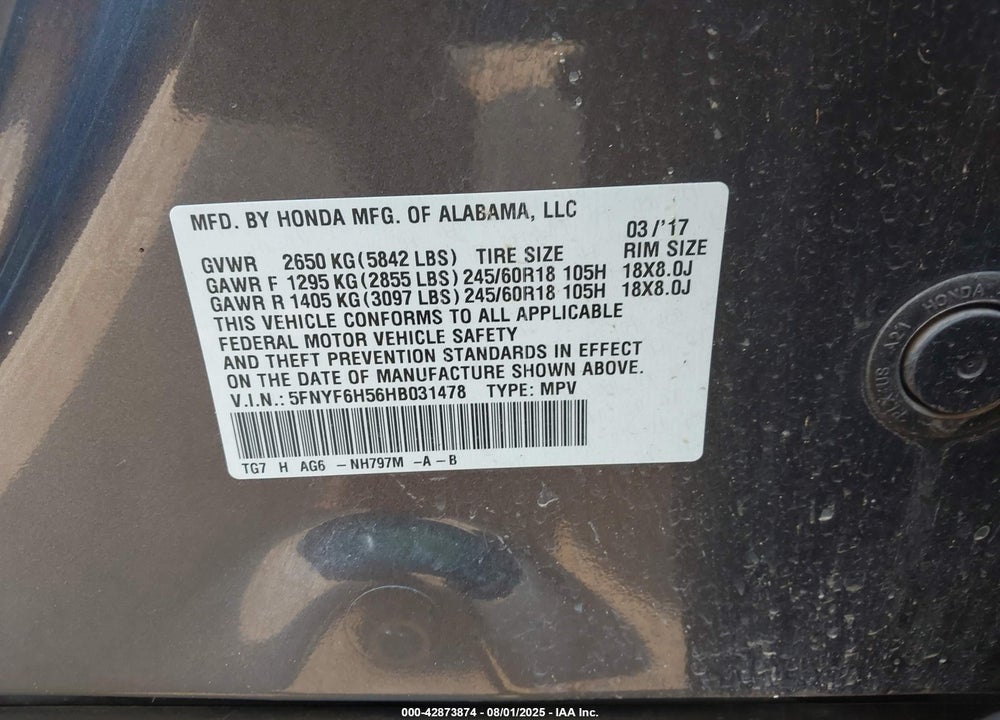 2017 HONDA PILOT VIN: 5FNYF6H56HB031478