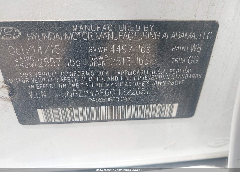 2016 HYUNDAI SONATA VIN: 5NPE24AF6GH322651