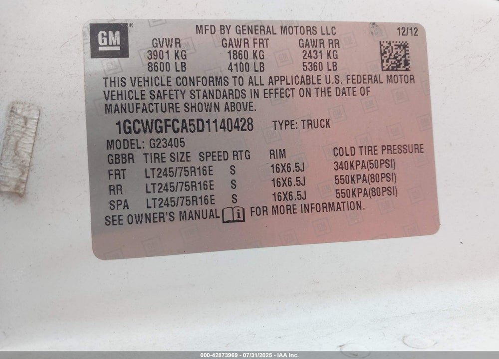 2013 CHEVROLET EXPRESS 2500 WORK VAN VIN: 1GCWGFCA5D1140428