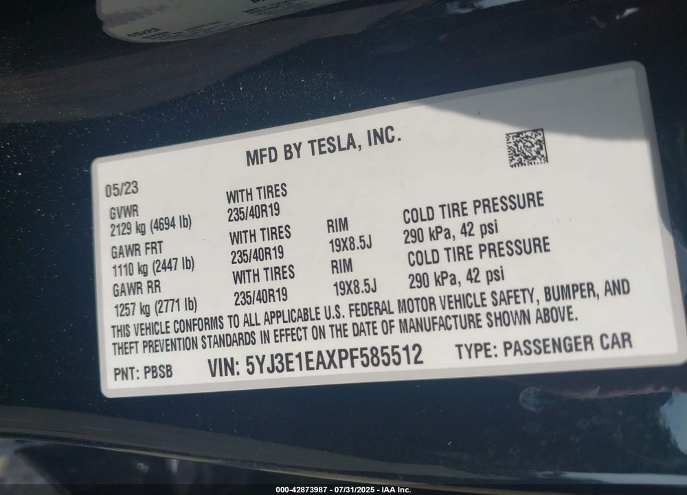 2023 TESLA MODEL 3 VIN: 5YJ3E1EAXPF585512