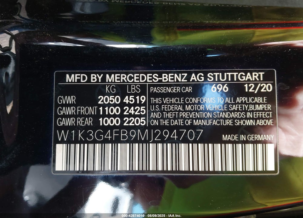 2021 MERCEDES-BENZ A-CLASS VIN: W1K3G4FB9MJ294707