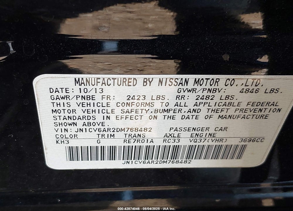 2013 INFINITI G37 VIN: JN1CV6AR2DM768482