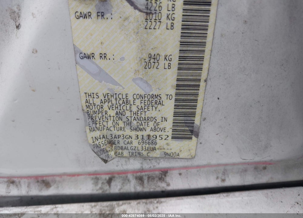 2016 NISSAN ALTIMA VIN: 1N4AL3AP3GN311952
