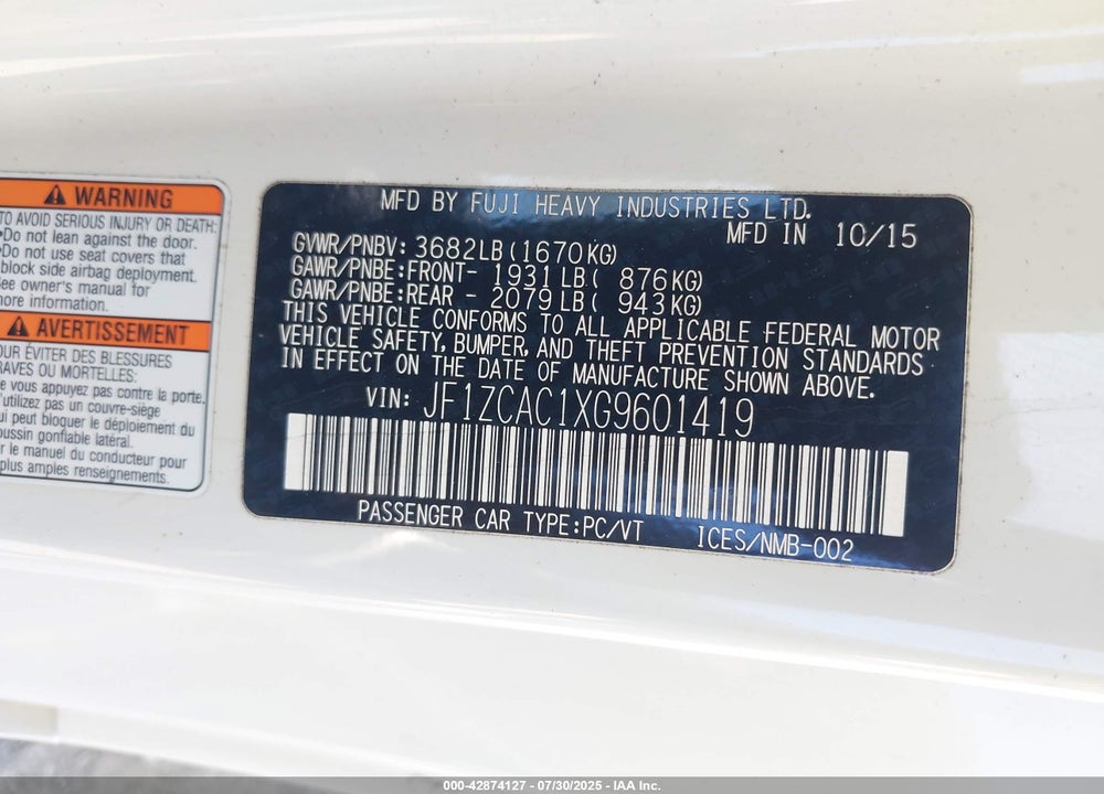 2016 SUBARU BRZ LIMITED VIN: JF1ZCAC1XG9601419
