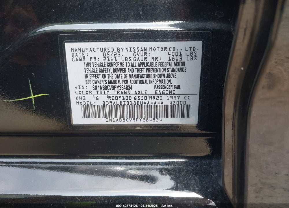 2023 NISSAN SENTRA SV XTRONIC CVT VIN: 3N1AB8CV9PY284834