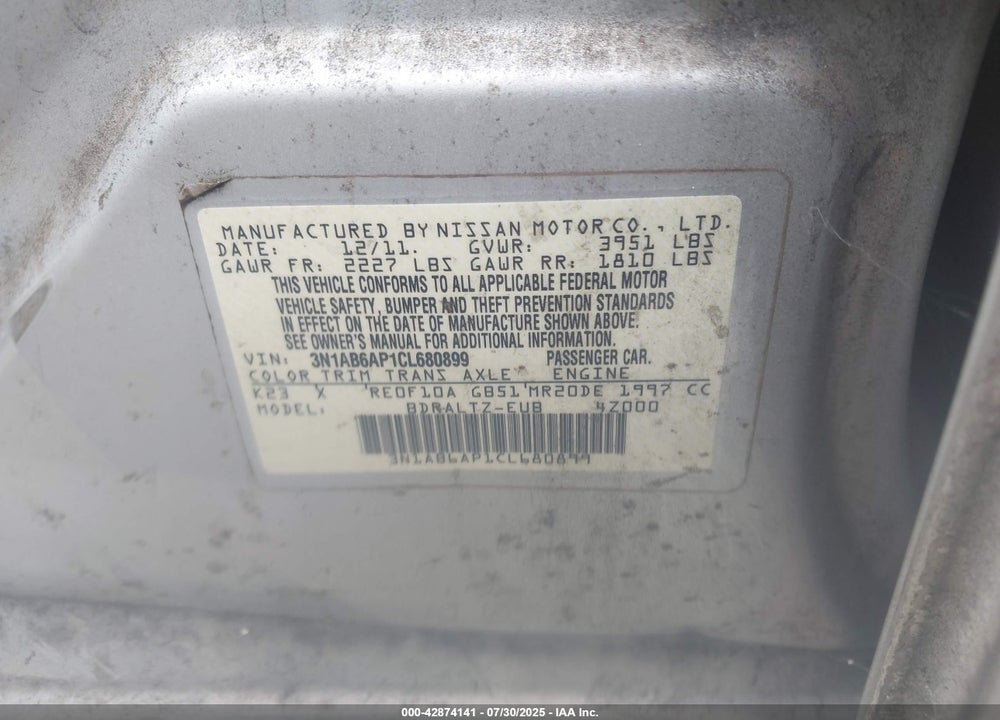 2012 NISSAN SENTRA VIN: 3N1AB6AP1CL680899
