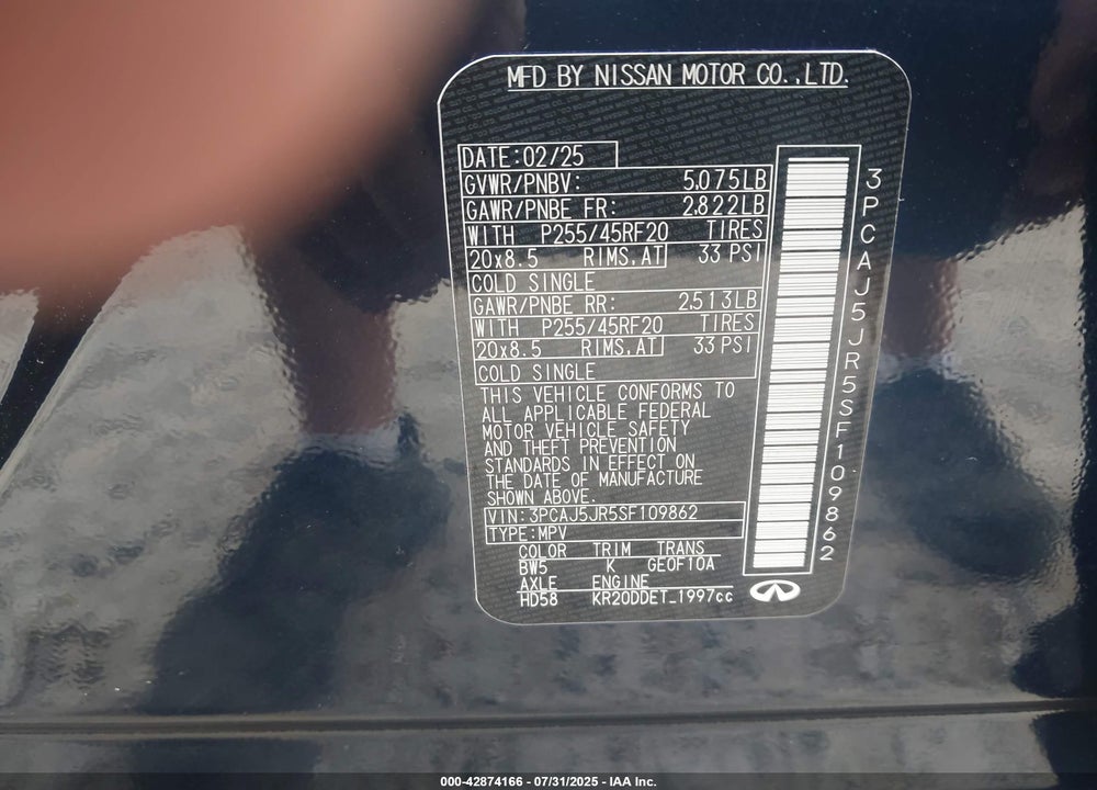 2025 INFINITI QX55 VIN: 3PCAJ5JR5SF109862