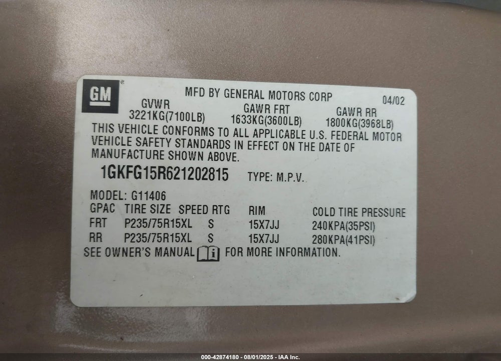2002 GMC SAVANA VIN: 1GKFG15R621202815