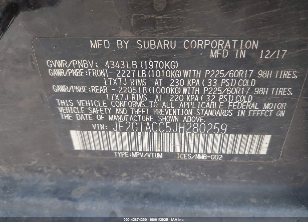 2018 SUBARU CROSSTREK 2.0I PREMIUM VIN: JF2GTACC5JH280259