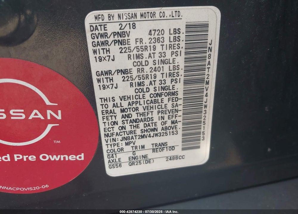 2018 NISSAN ROGUE VIN: JN8AT2MV4JW325153