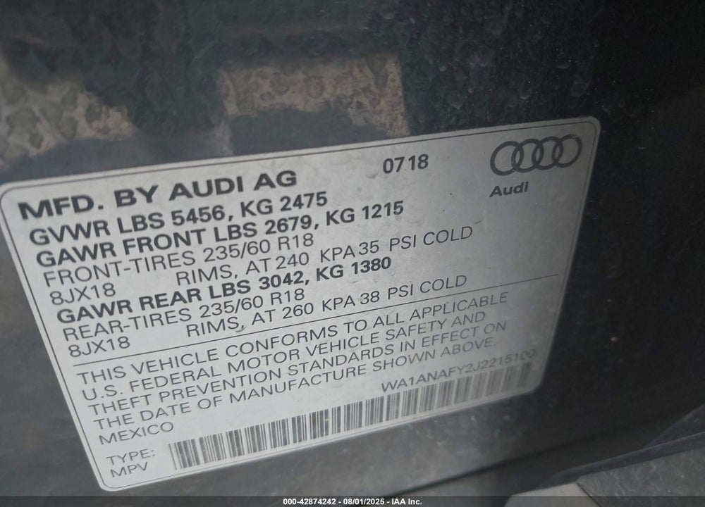 2018 AUDI Q5 VIN: WA1ANAFY2J2215100