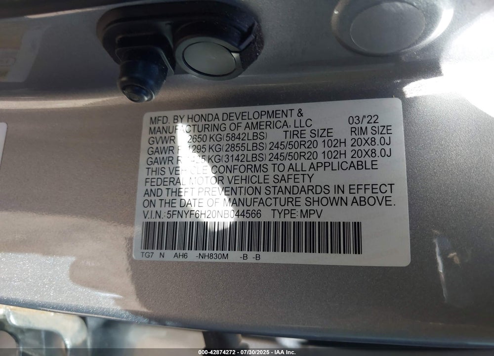 2022 HONDA PILOT VIN: 5FNYF6H20NB044566