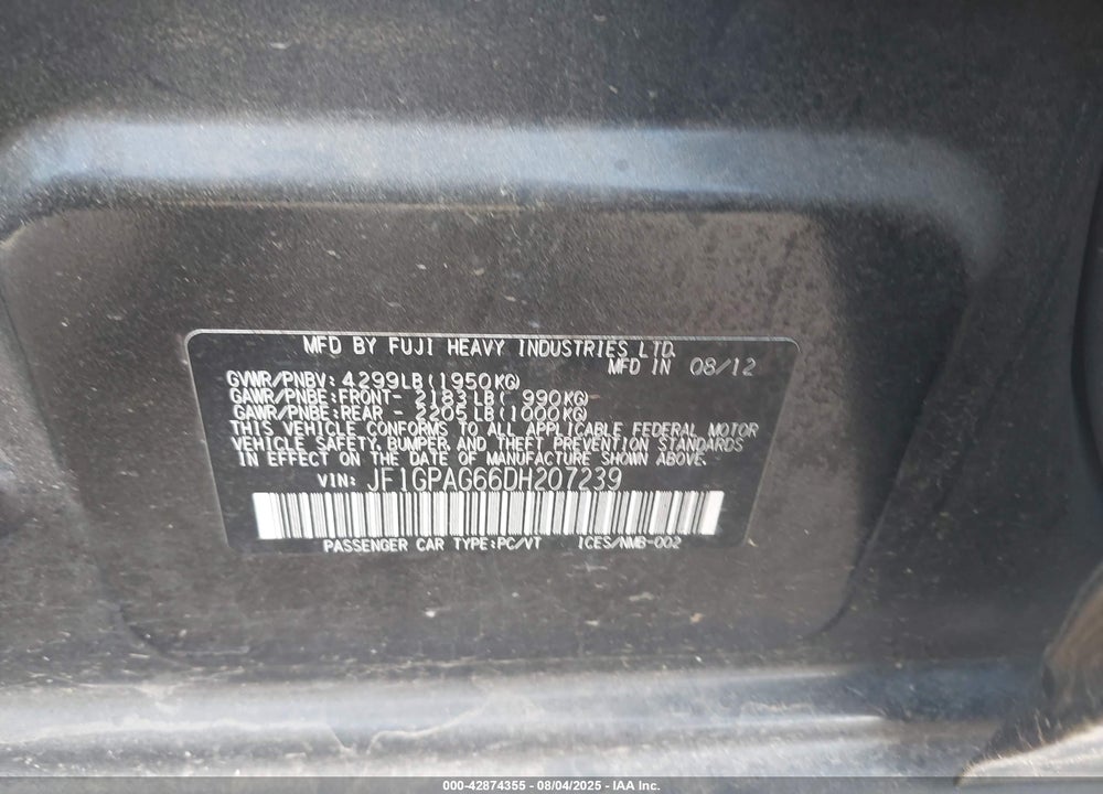2013 SUBARU IMPREZA VIN: JF1GPAG66DH207239