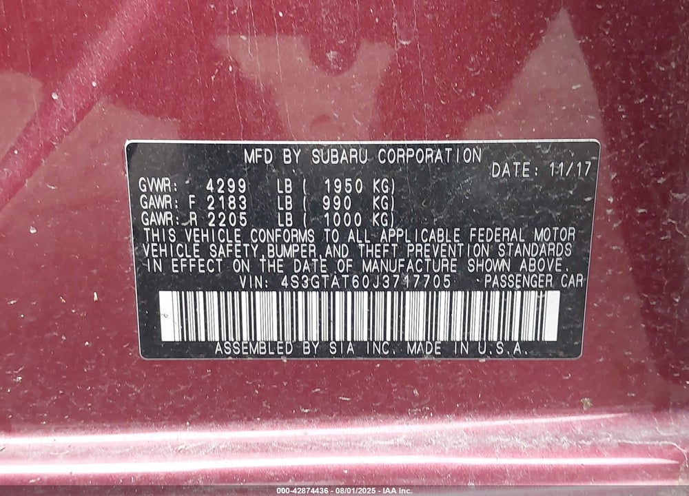 2018 SUBARU IMPREZA VIN: 4S3GTAT60J3717705