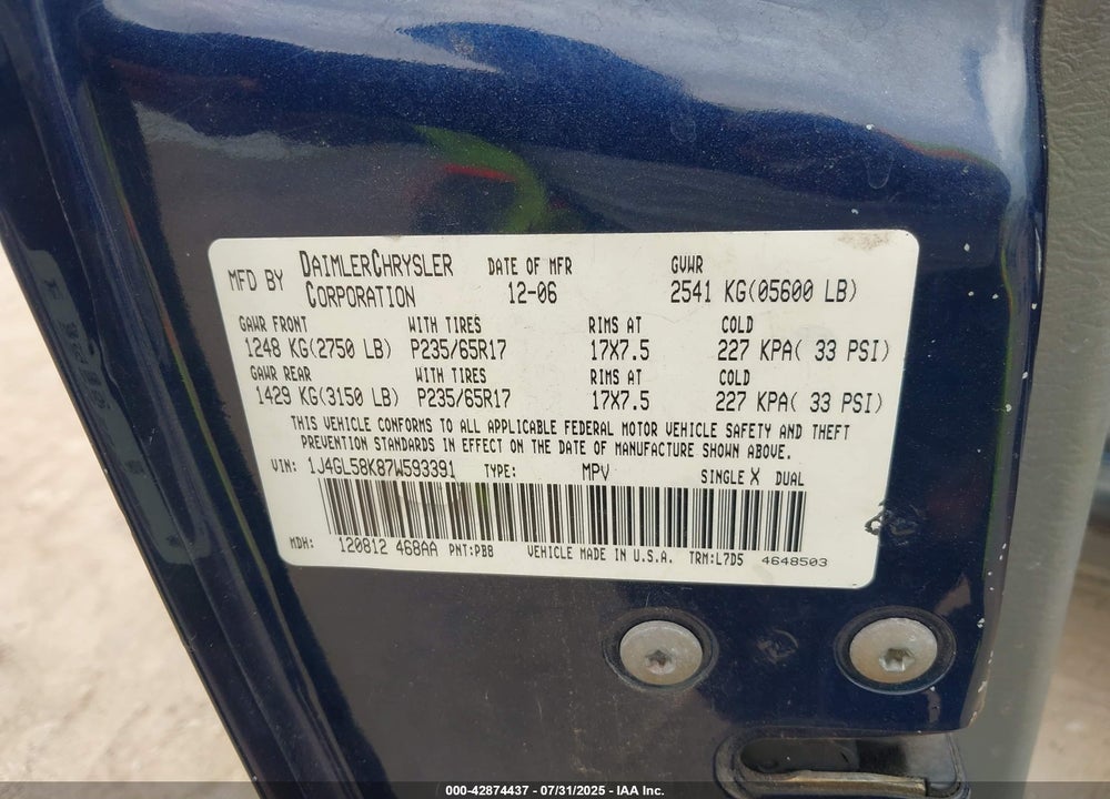 2007 JEEP LIBERTY VIN: 1J4GL58K87W593391