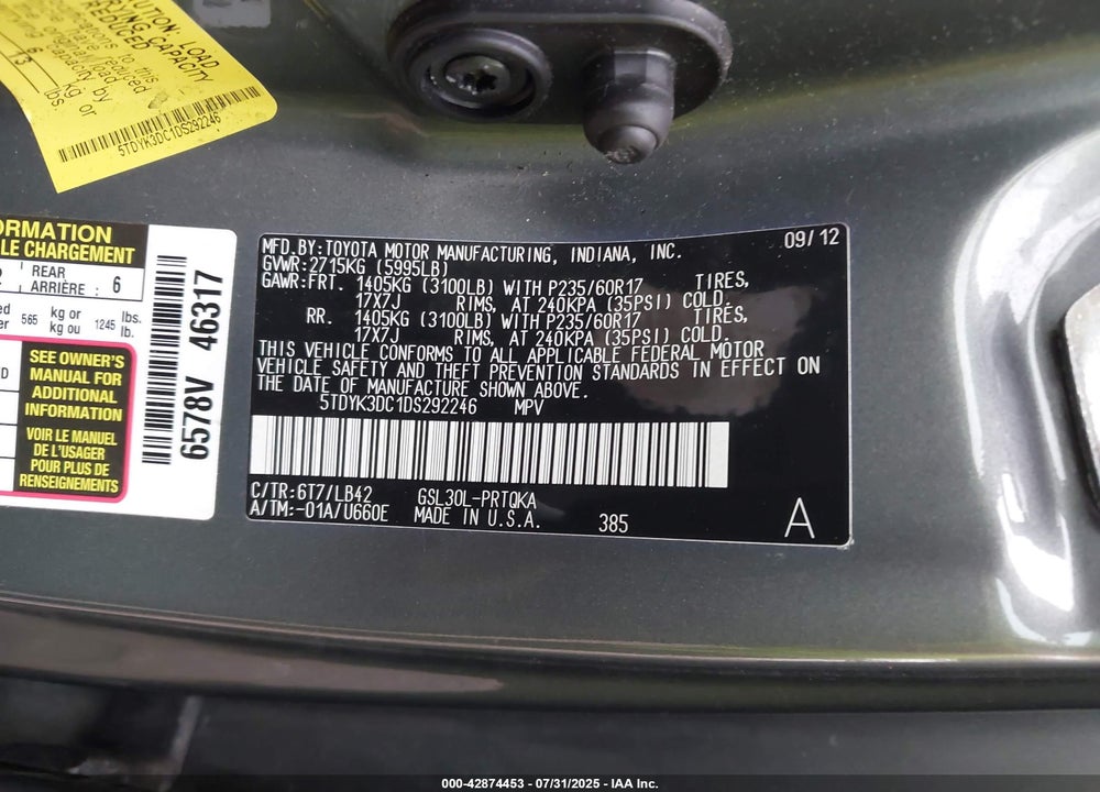 2013 TOYOTA SIENNA VIN: 5TDYK3DC1DS292246