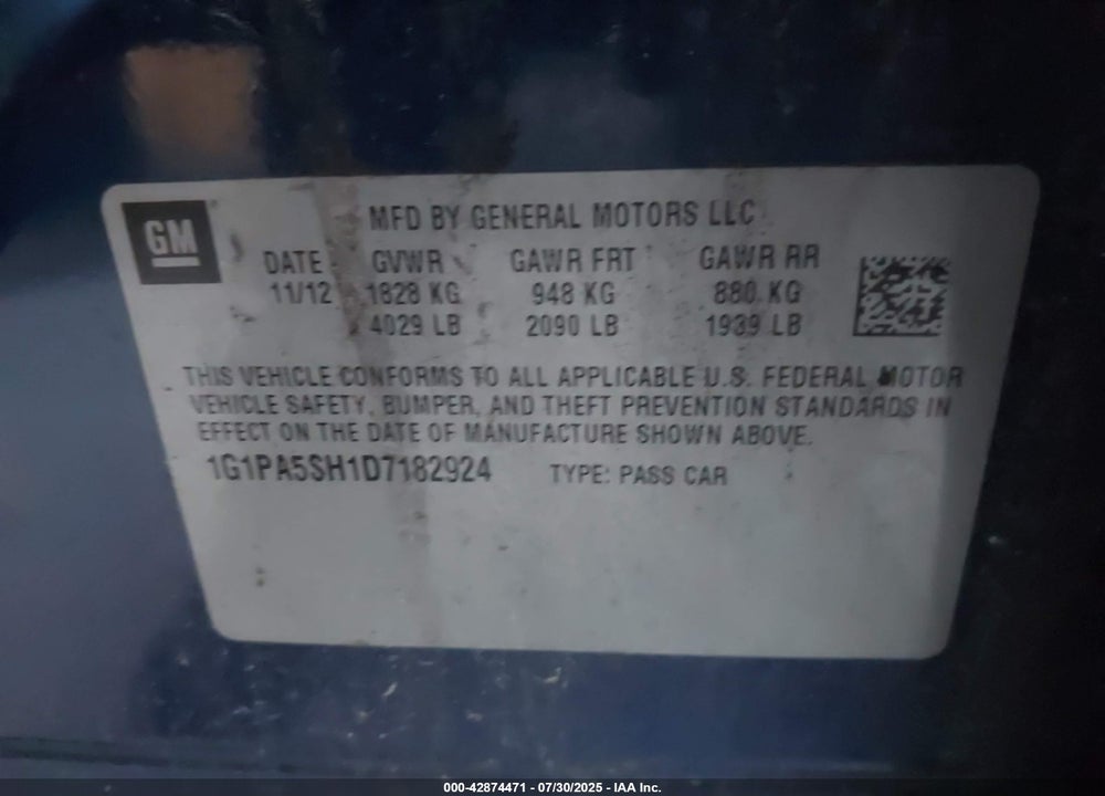 2013 CHEVROLET CRUZE VIN: 1G1PA5SH1D7182924