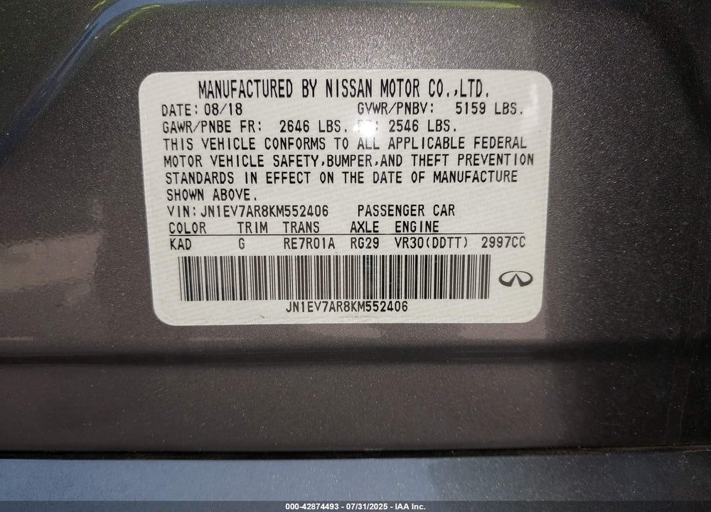 2019 INFINITI Q50 3.0T LUXE VIN: JN1EV7AR8KM552406