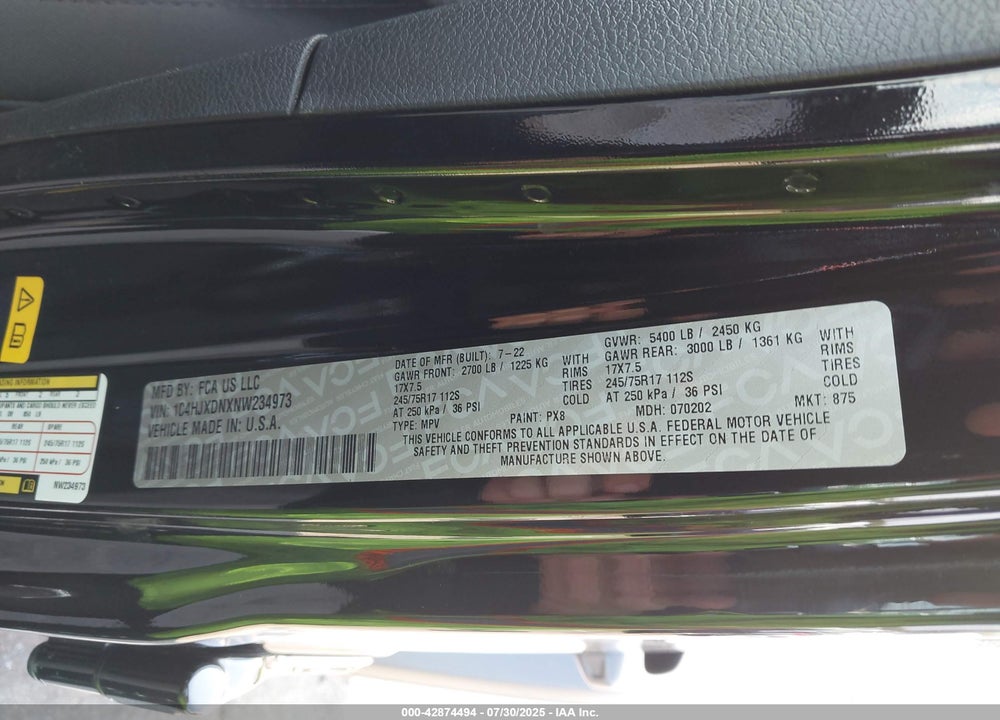 2022 JEEP WRANGLER UNLIMITED SPORT 4X4 VIN: 1C4HJXDNXNW234973