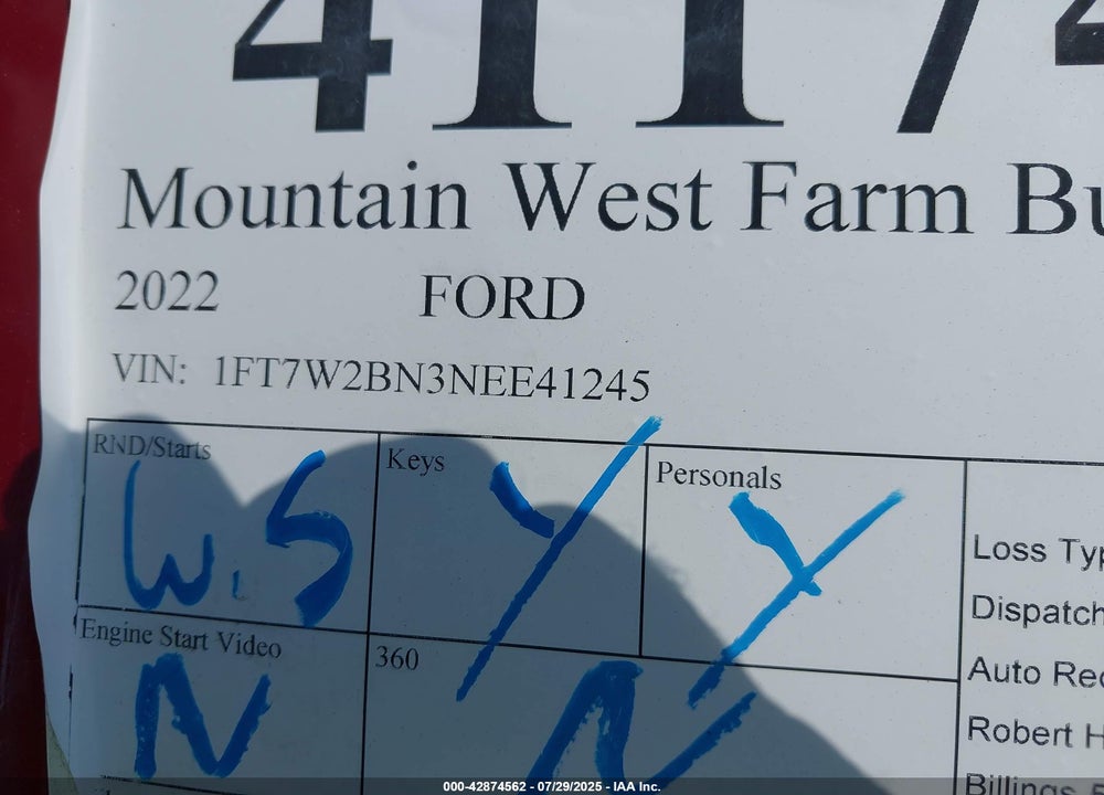 2022 FORD F250 VIN: 1FT7W2BN3NEE41245