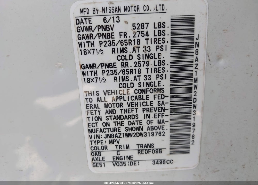 2013 NISSAN MURANO VIN: JN8AZ1MW2DW319762