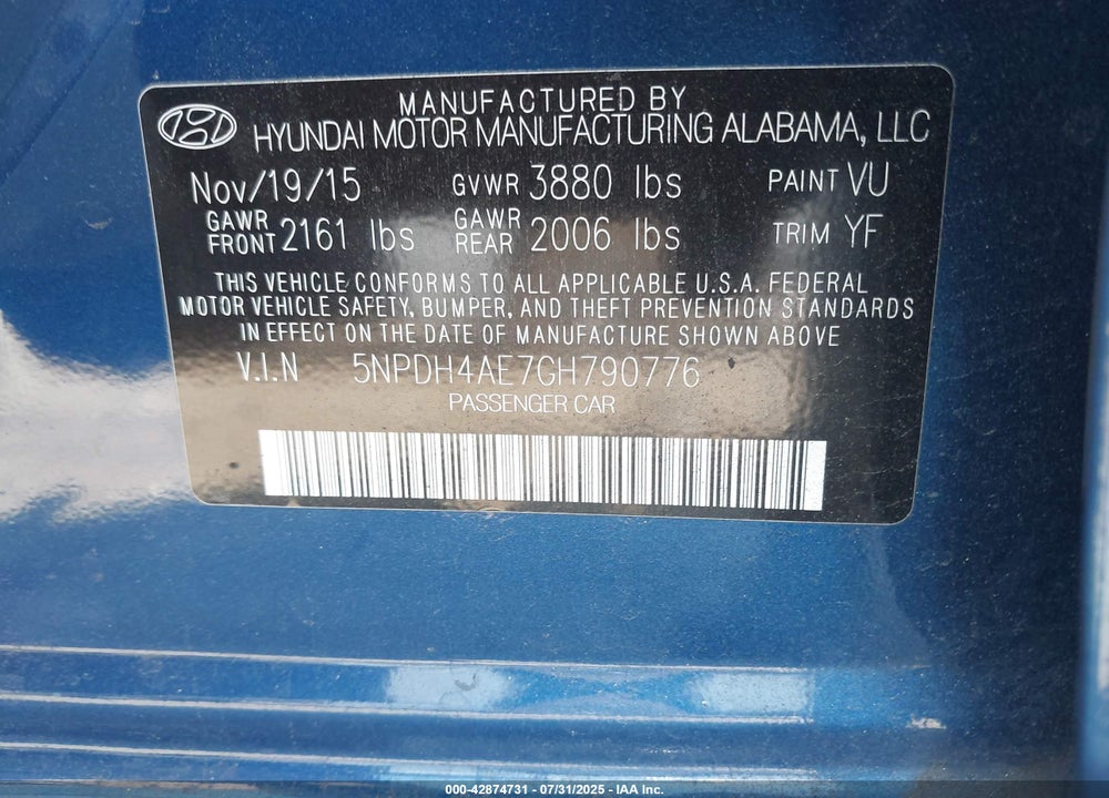 2016 HYUNDAI ELANTRA VIN: 5NPDH4AE7GH790776