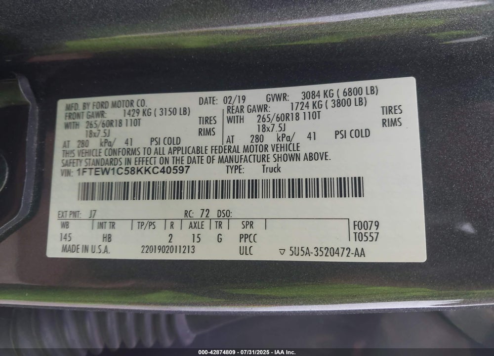 2019 FORD F-150 VIN: 1FTEW1C58KKC40597