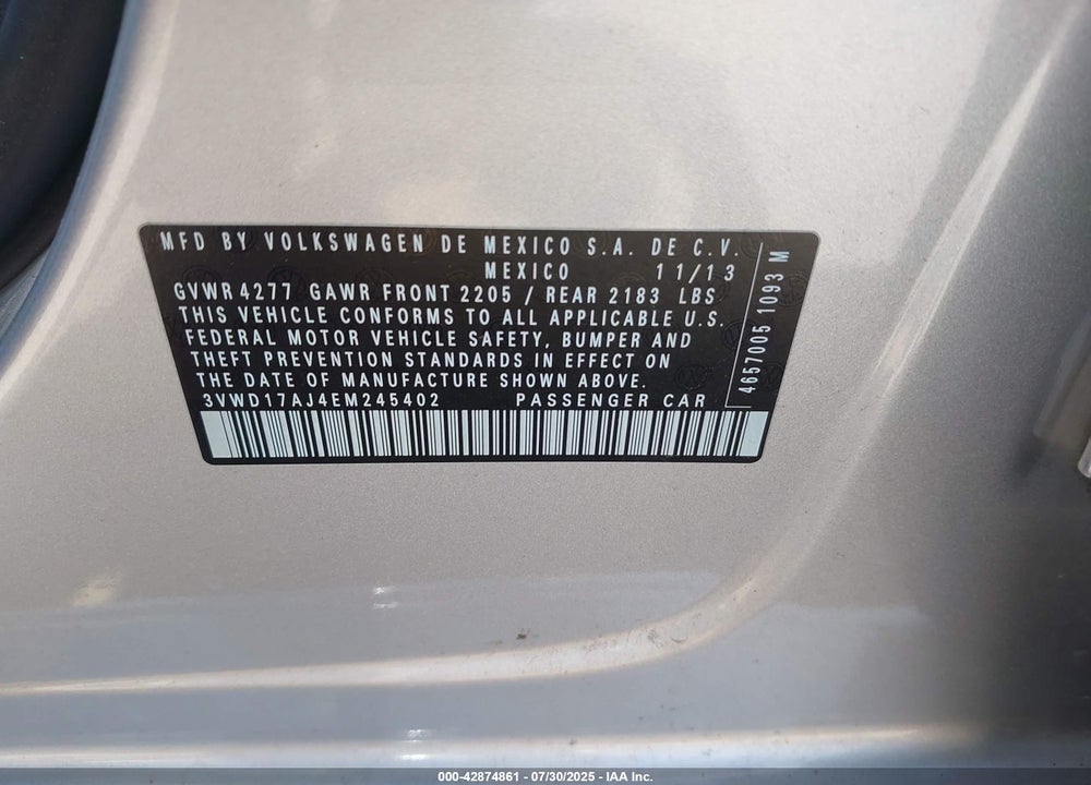 2014 VOLKSWAGEN JETTA VIN: 3VWD17AJ4EM245402