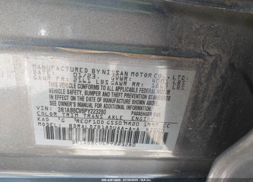 2023 NISSAN SENTRA VIN: 3N1AB8CV6PY223280