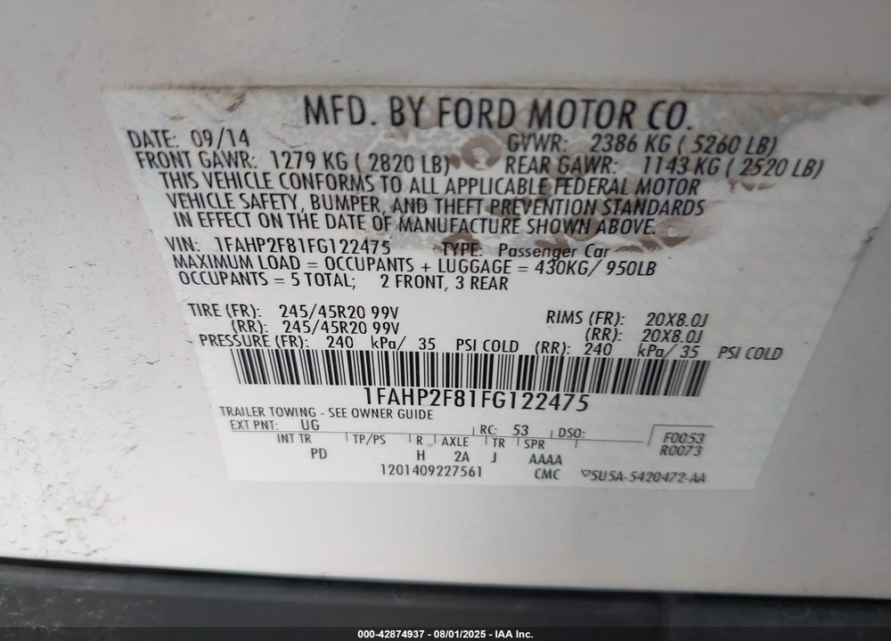 2015 FORD TAURUS VIN: 1FAHP2F81FG122475