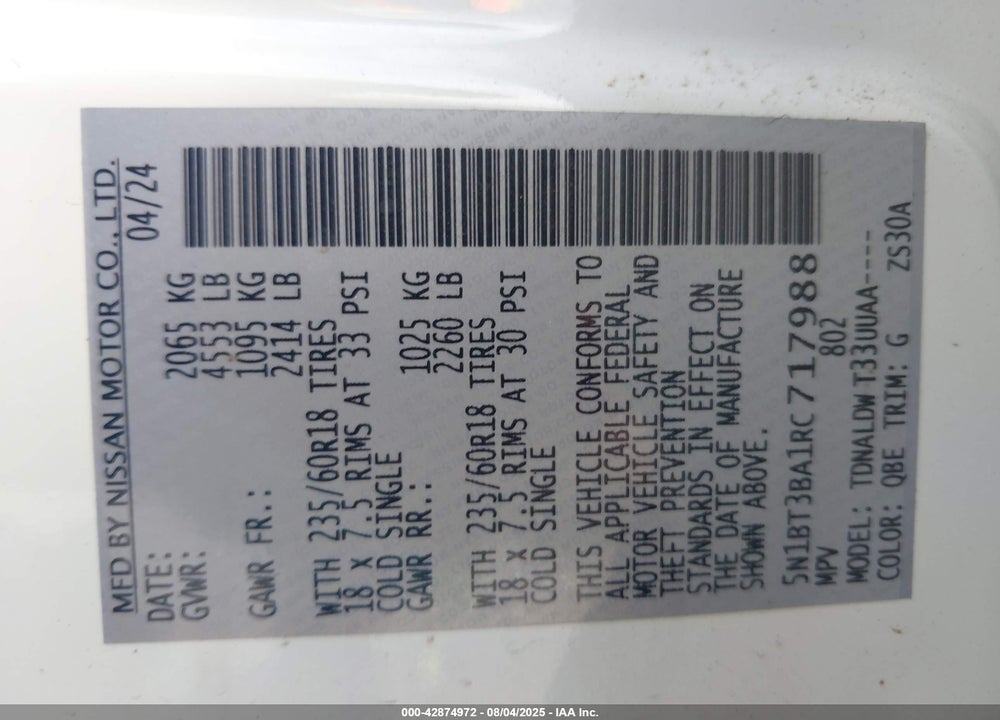 2024 NISSAN ROGUE VIN: 5N1BT3BA1RC717988