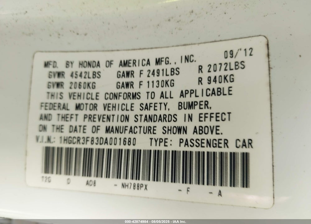 2013 HONDA ACCORD VIN: 1HGCR3F83DA001680
