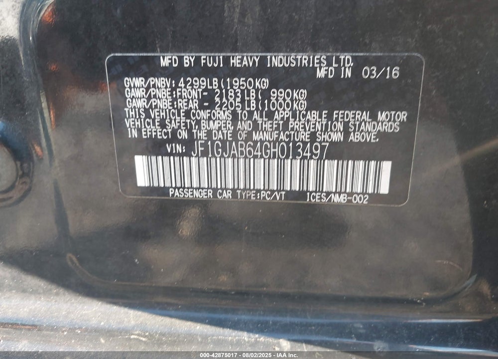 2016 SUBARU IMPREZA VIN: JF1GJAB64GH013497