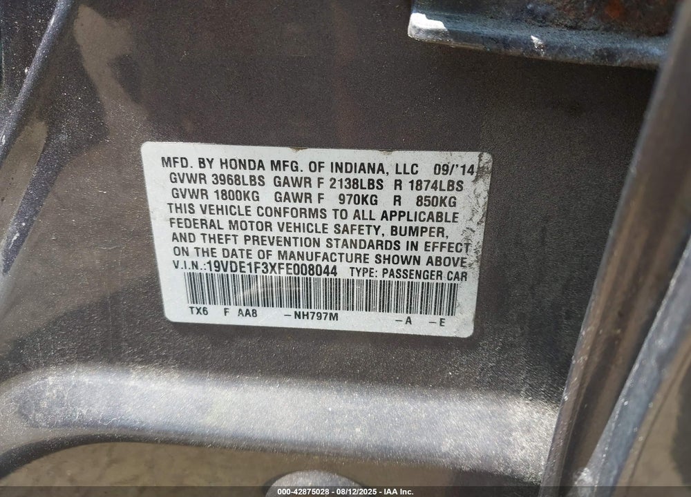 2015 ACURA ILX 2.0L VIN: 19VDE1F3XFE008044