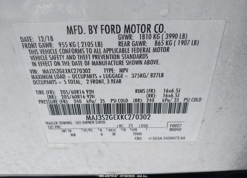 2019 FORD ECOSPORT VIN: MAJ3S2GEXKC270302