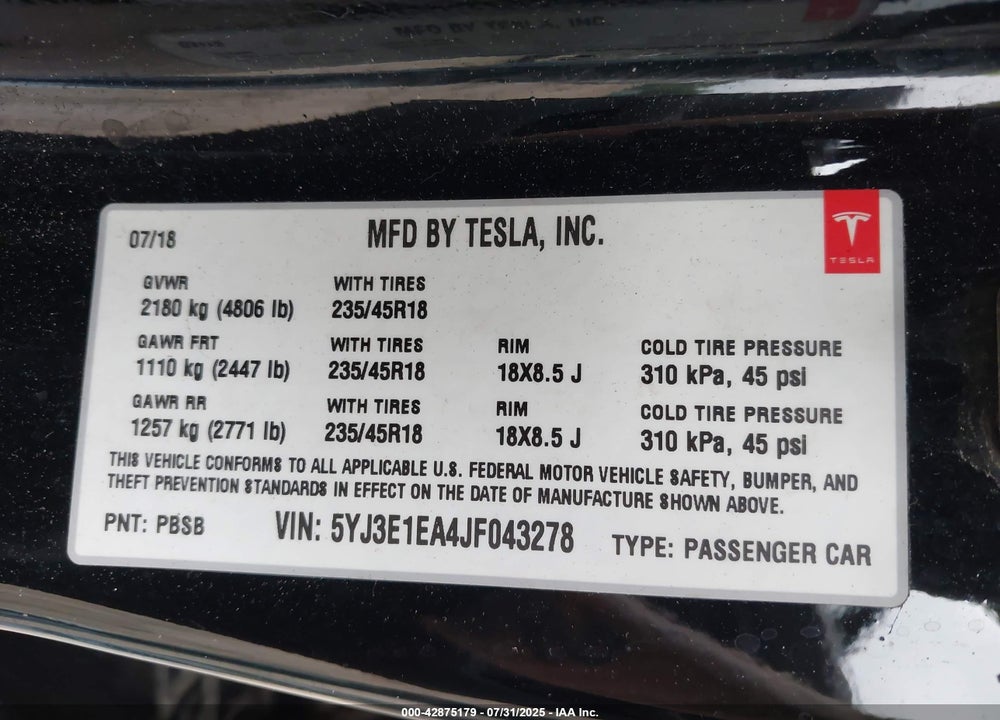 2018 TESLA MODEL 3 LONG RANGE/MID RANGE VIN: 5YJ3E1EA4JF043278