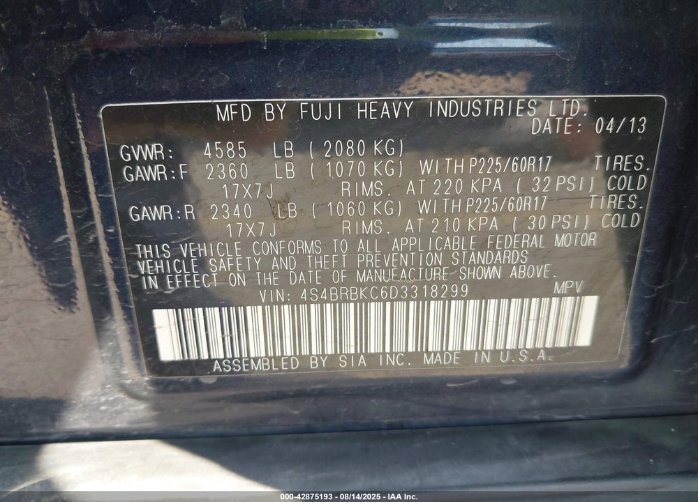 2013 SUBARU OUTBACK VIN: 4S4BRBKC6D3318299