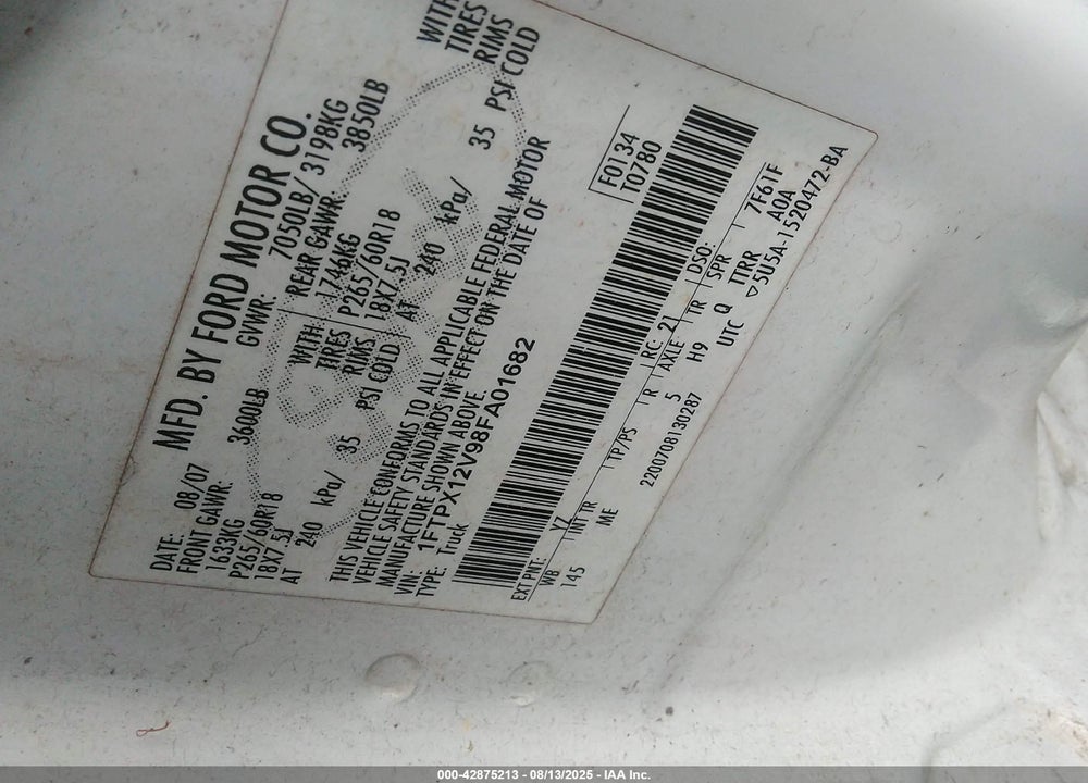 2008 FORD F-150 VIN: 1FTPX12V98FA01682