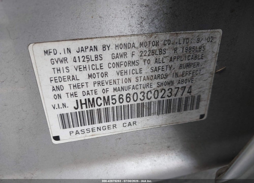2003 HONDA ACCORD EX VIN: JHMCM56603C023774