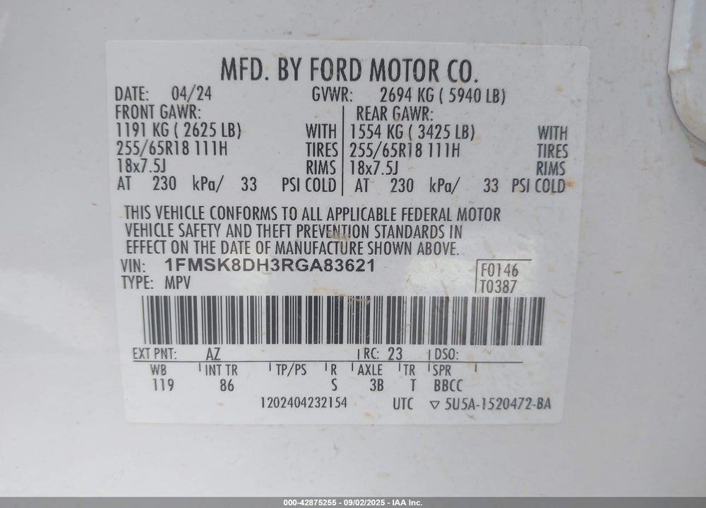 2024 FORD EXPLORER VIN: 1FMSK8DH3RGA83621