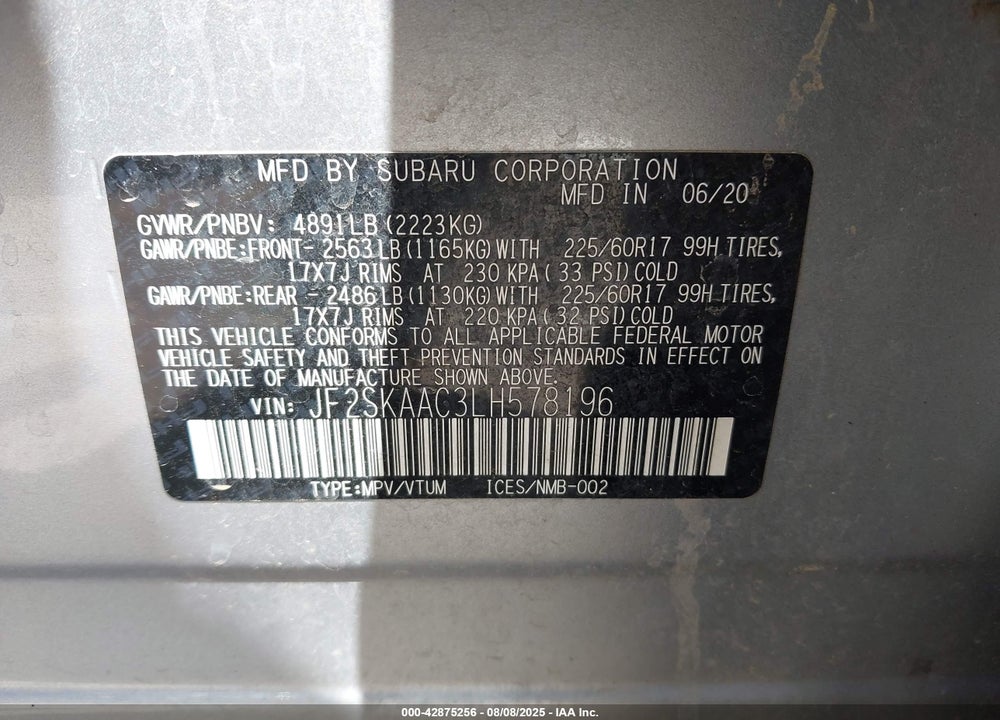 2020 SUBARU FORESTER VIN: JF2SKAAC3LH578196