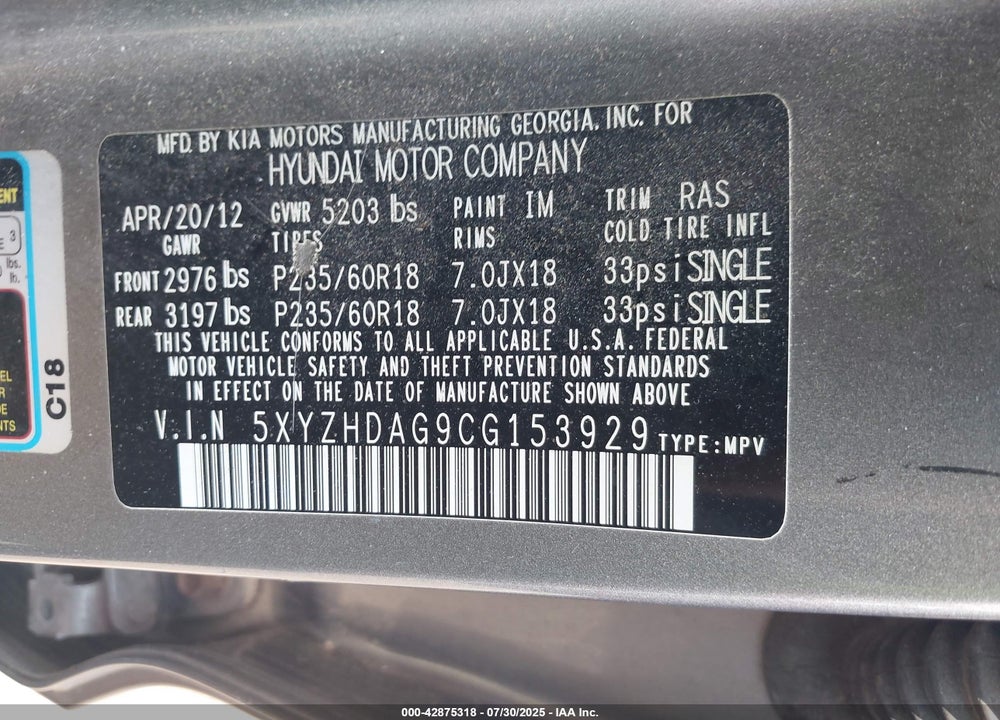 2012 HYUNDAI SANTA FE VIN: 5XYZHDAG9CG153929
