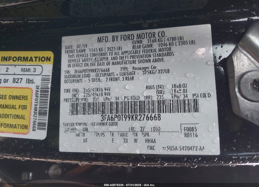 2019 FORD FUSION SE VIN: 3FA6P0T99KR276668