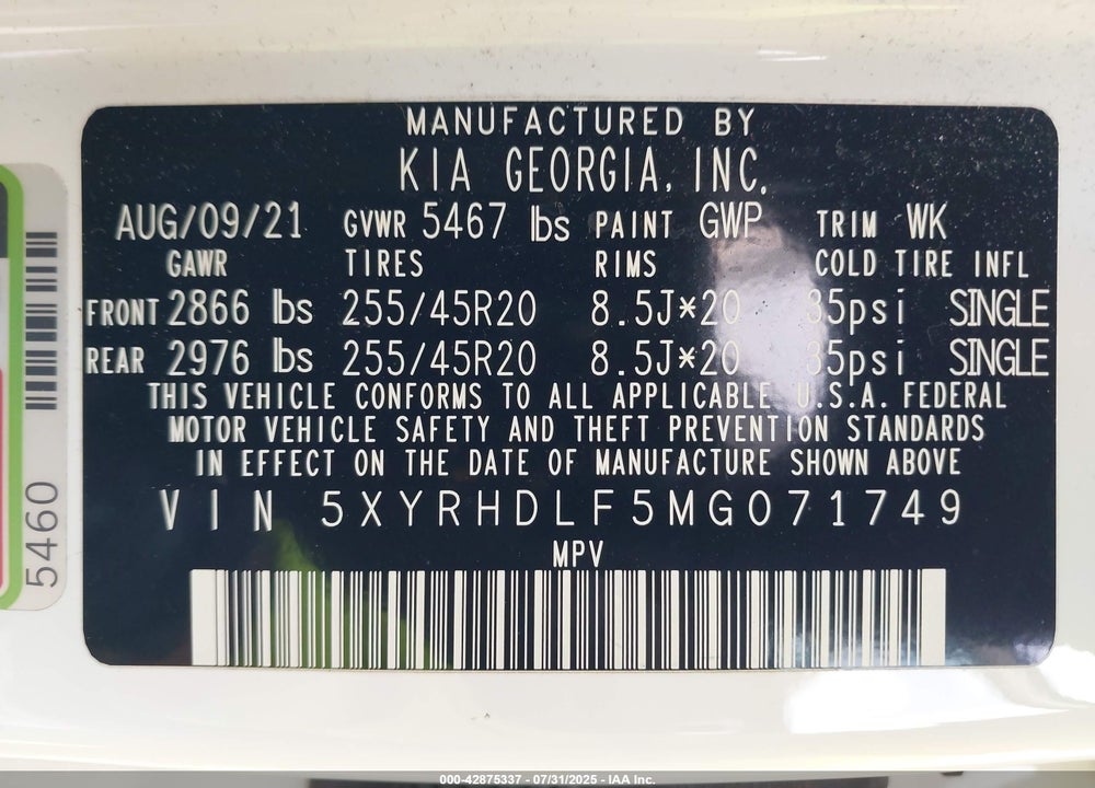 2021 KIA SORENTO VIN: 5XYRHDLF5MG071749