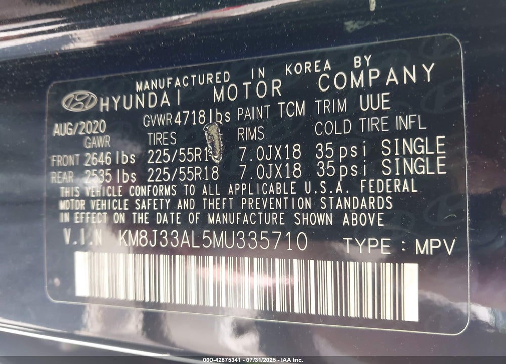 2021 HYUNDAI TUCSON VIN: KM8J33AL5MU335710