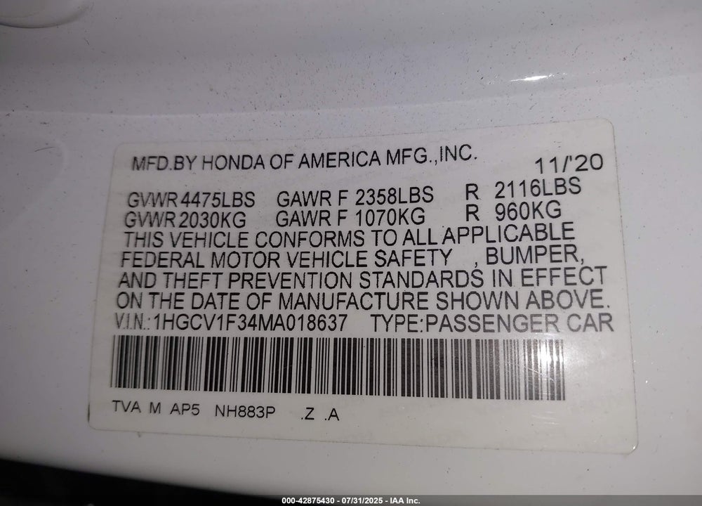 2021 HONDA ACCORD SPORT VIN: 1HGCV1F34MA018637